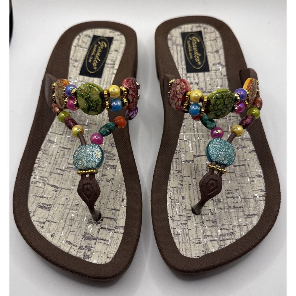 Grandco Women's Marble Cork Thong Sandals Brown Rainbow Beaded Size 6 Square Toe